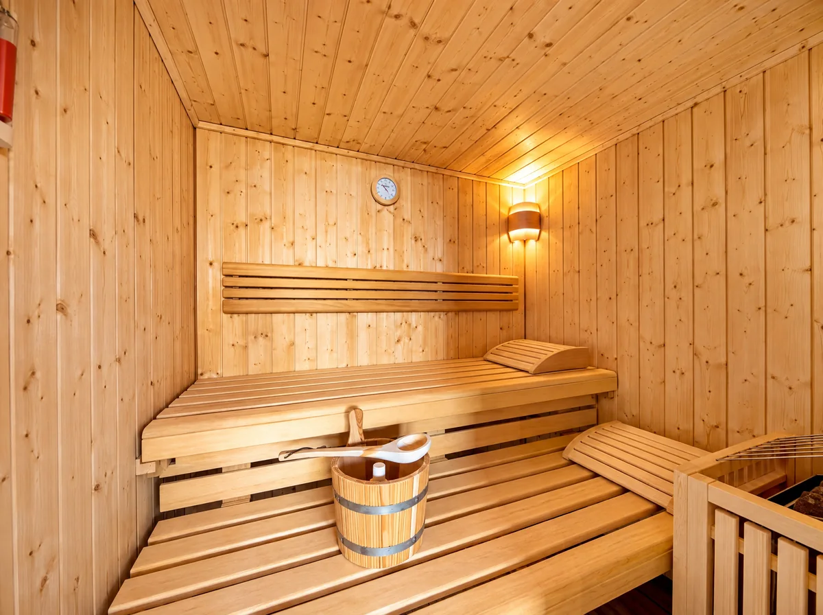 Die finnische Sauna aus hellem Holz mit Bänken, Kübel und warmem Licht